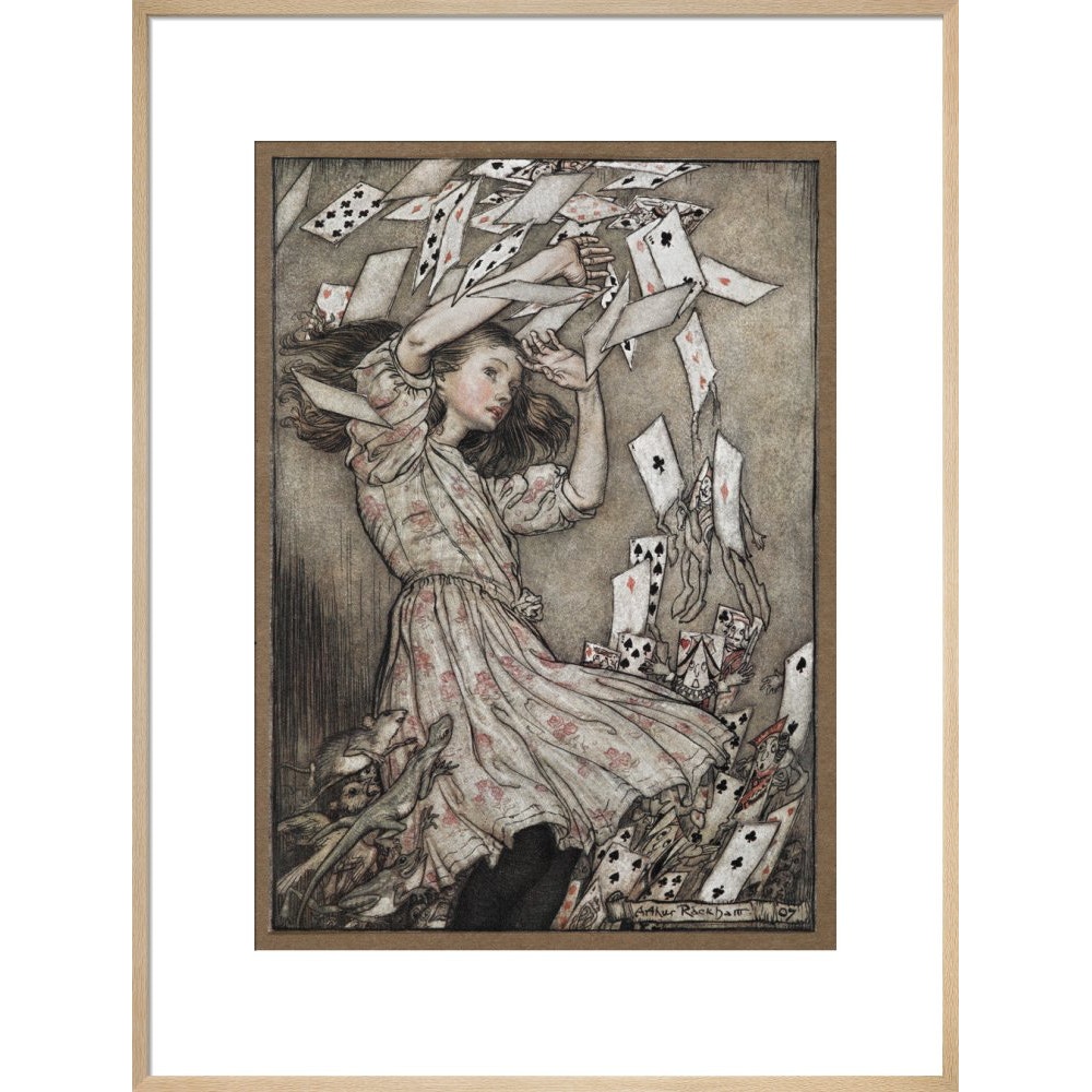Alice and the falling pack of cards print in natural frame