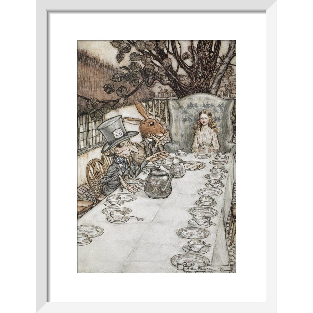 Alice at the tea party print in white frame