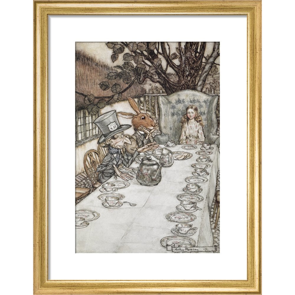 Alice at the tea party print in gold frame