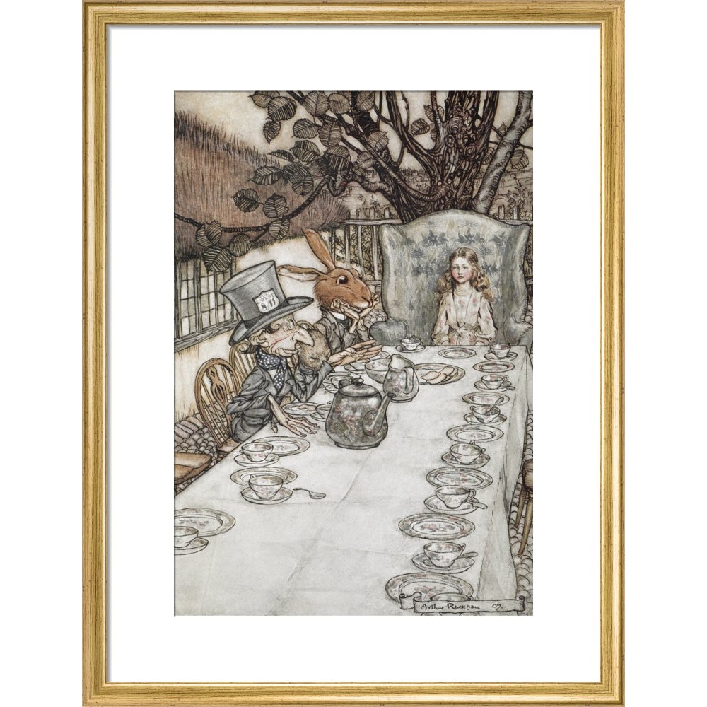Alice at the tea party print in gold frame