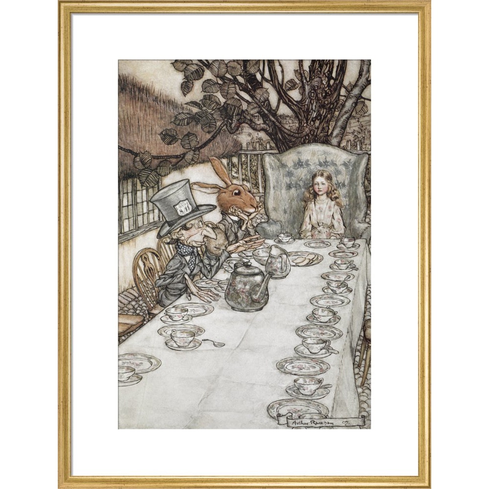 Alice at the tea party print in gold frame