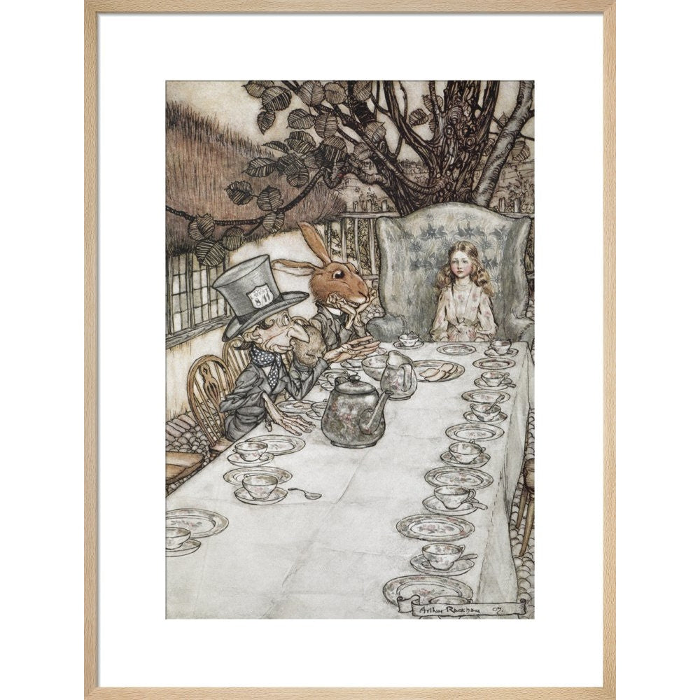Alice at the tea party print in natural frame