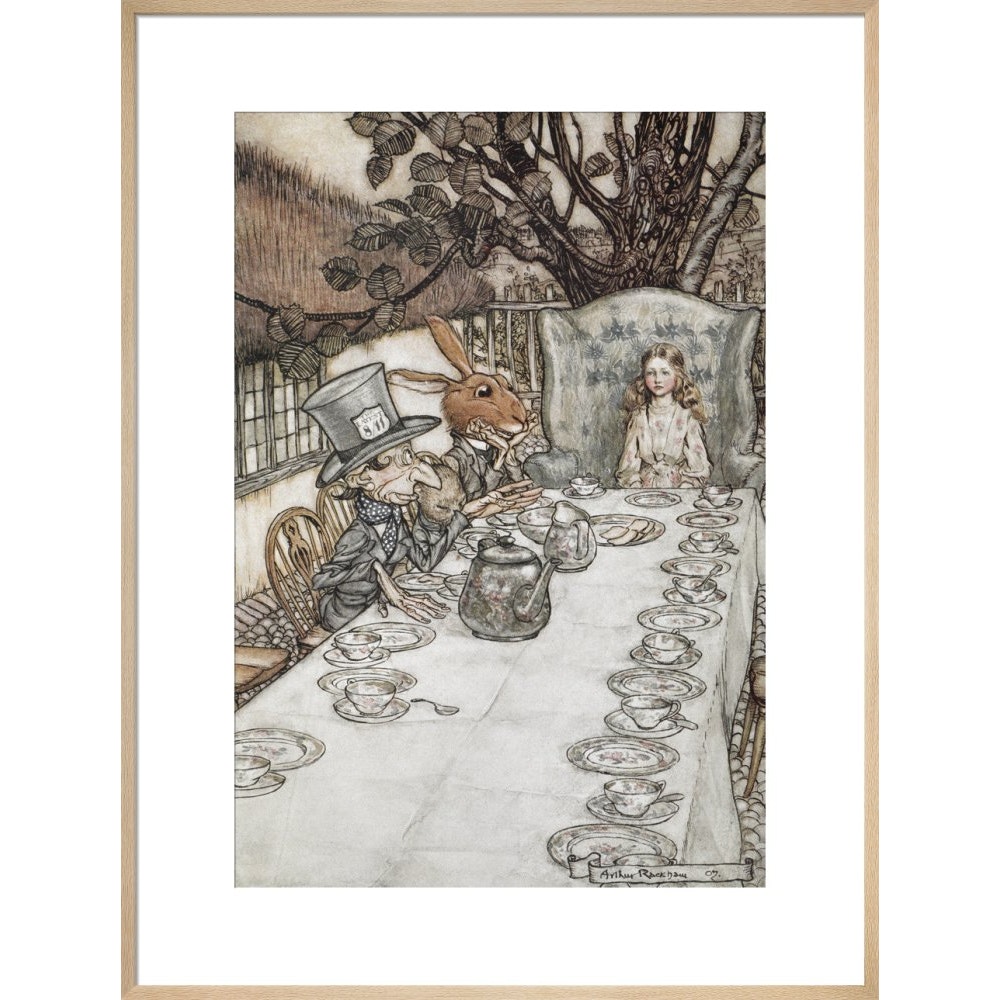 Alice at the tea party print in natural frame