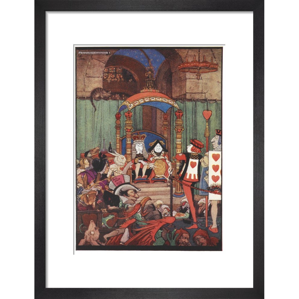 The King and Queen of Hearts upon their throne at court print in black frame