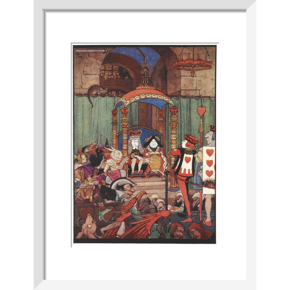 The King and Queen of Hearts upon their throne at court print in white frame