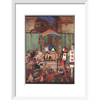 The King and Queen of Hearts upon their throne at court print in white frame