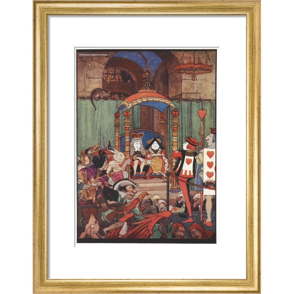 The King and Queen of Hearts upon their throne at court print in gold frame