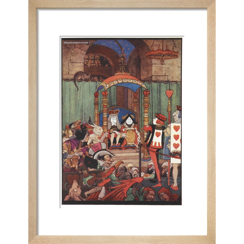The King and Queen of Hearts upon their throne at court print in natural frame
