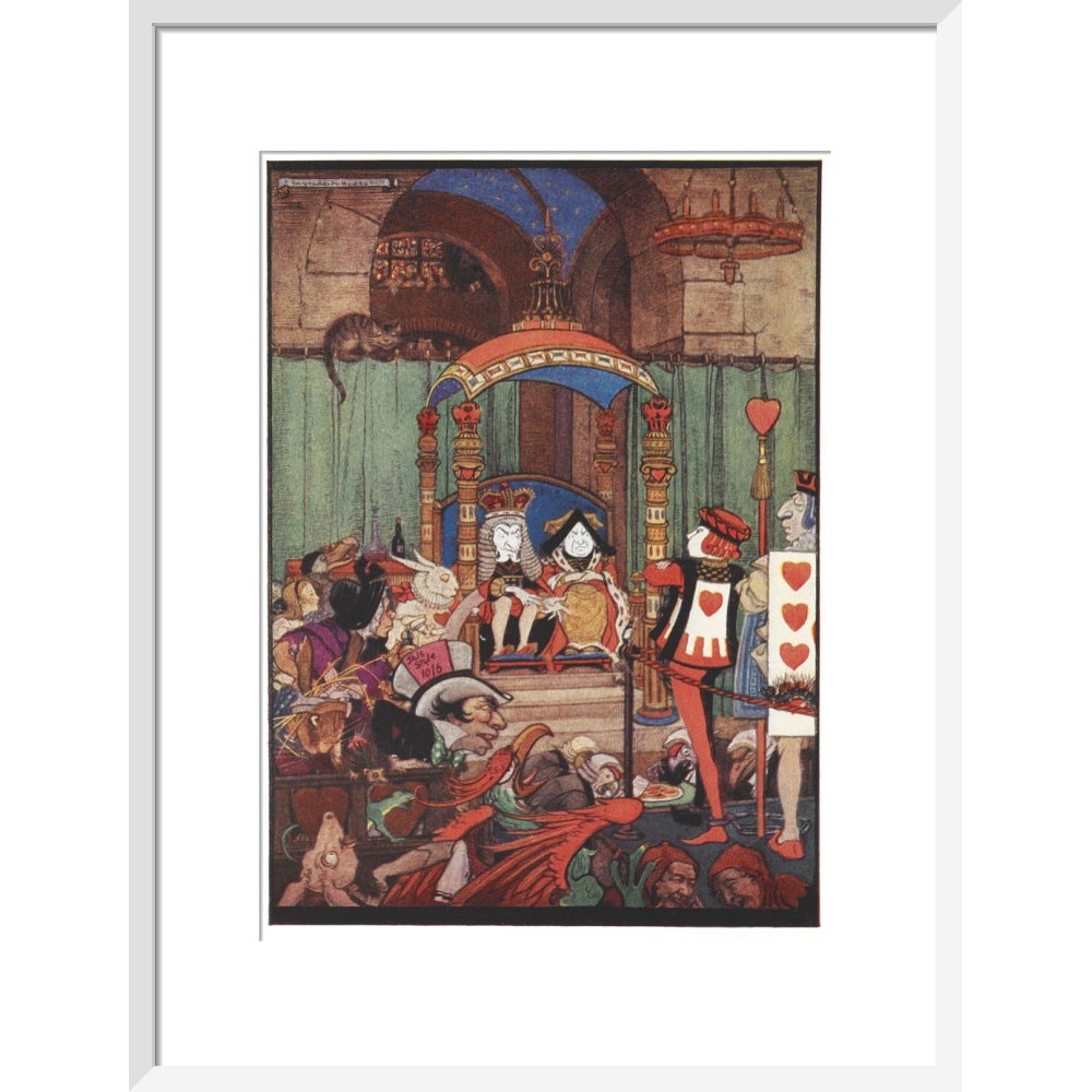The King and Queen of Hearts upon their throne at court print in white frame
