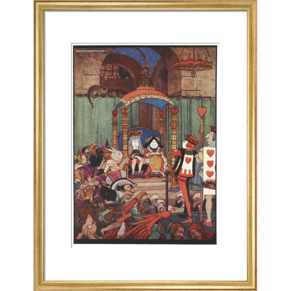 The King and Queen of Hearts upon their throne at court print in gold frame
