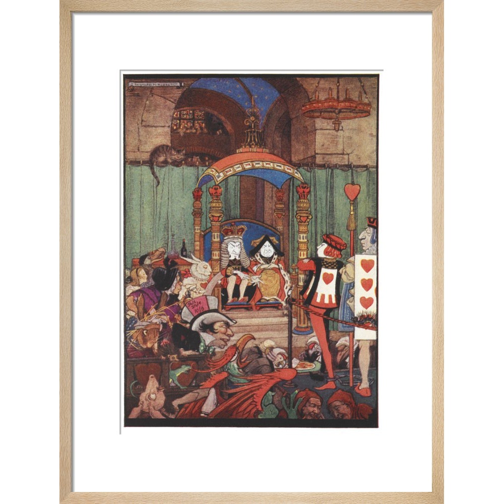 The King and Queen of Hearts upon their throne at court print in natural frame