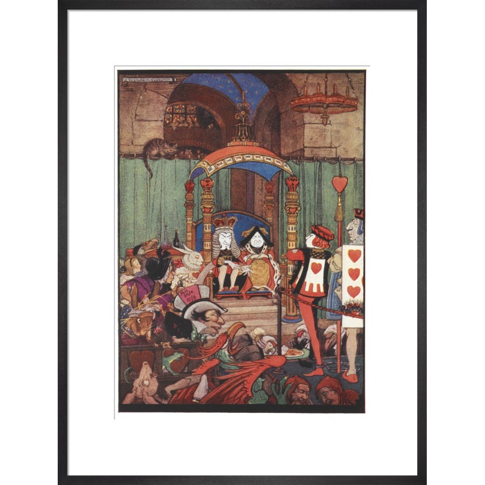 The King and Queen of Hearts upon their throne at court print in black frame