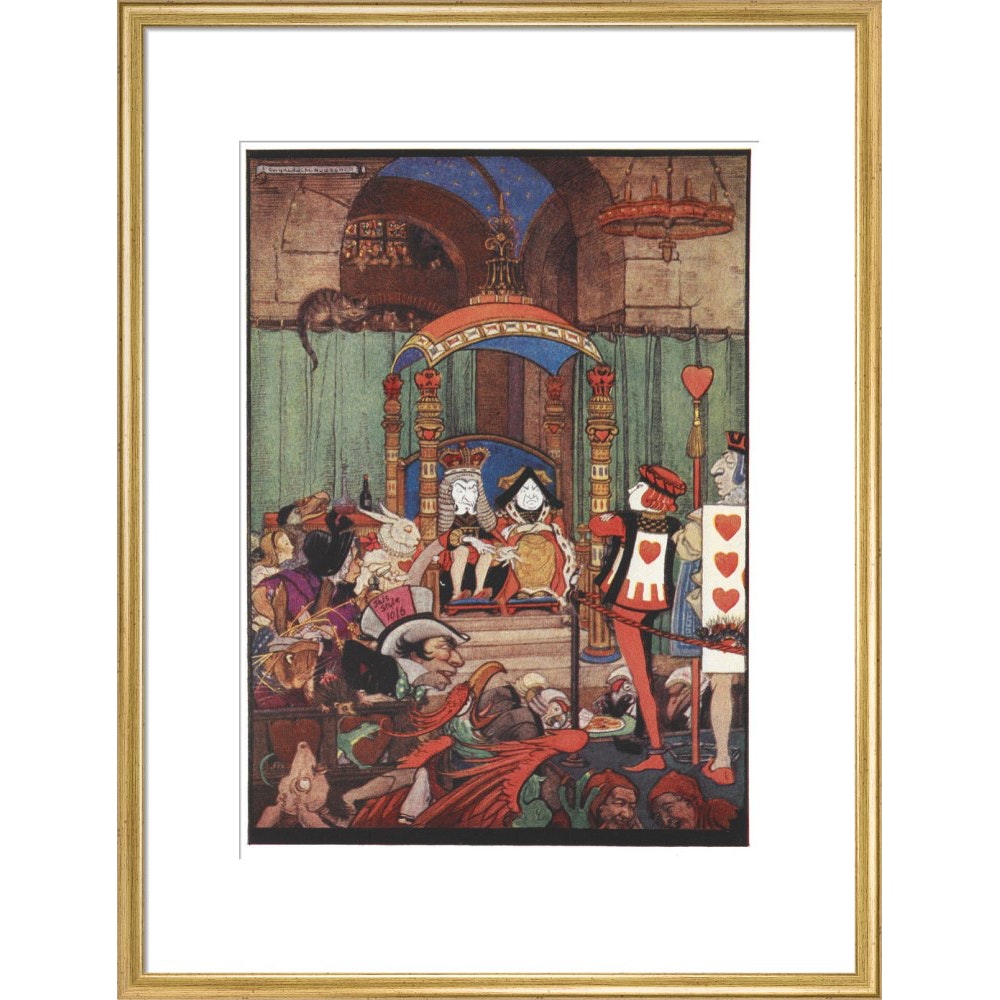 The King and Queen of Hearts upon their throne at court print in gold frame