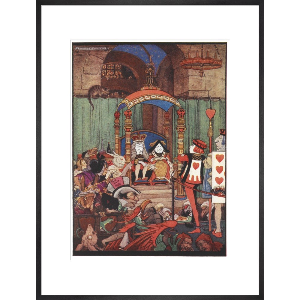 The King and Queen of Hearts upon their throne at court print in black frame