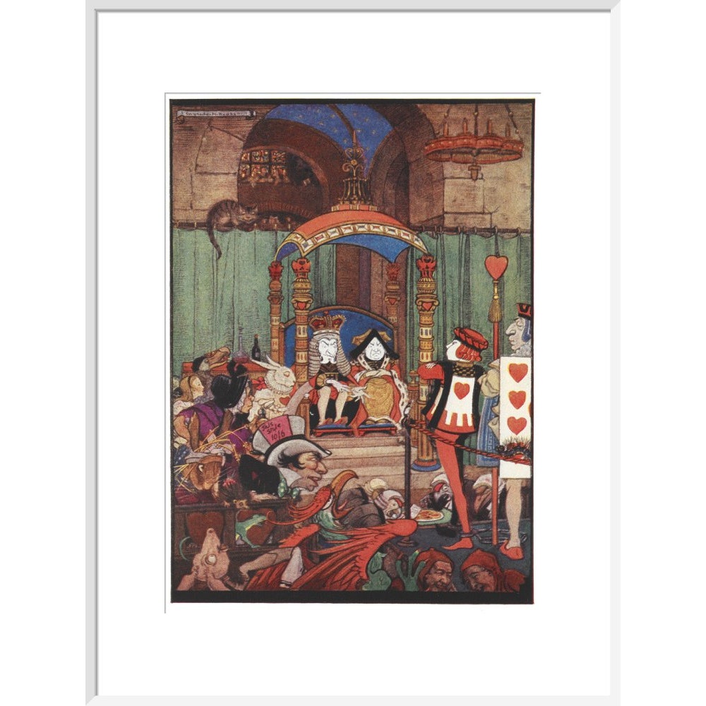 The King and Queen of Hearts upon their throne at court print in white frame