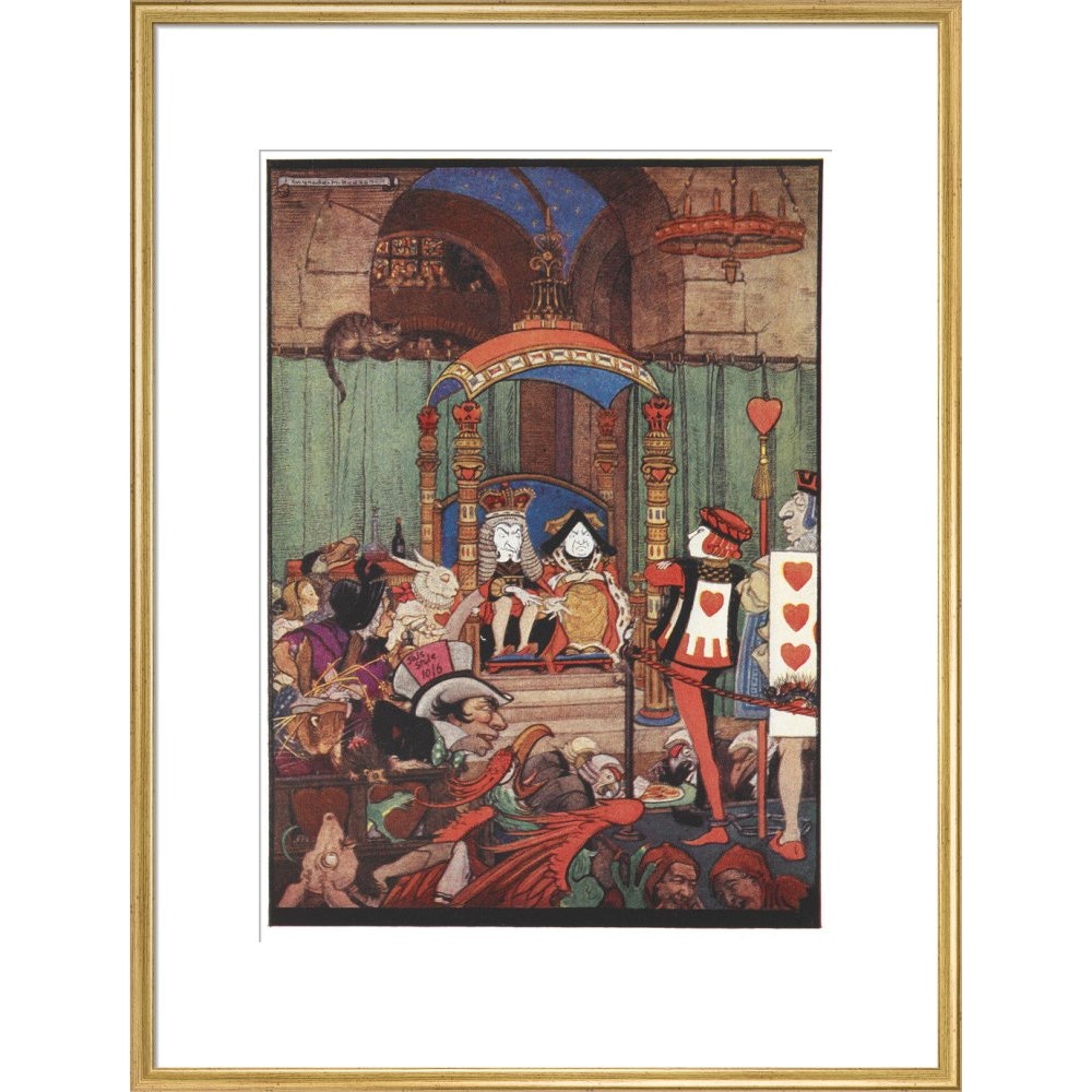 The King and Queen of Hearts upon their throne at court print in gold frame