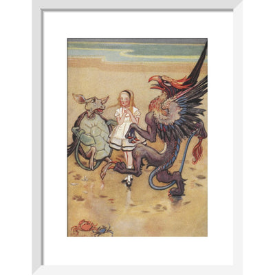 Alice dancing with the mock turtle and gryphon print in white frame