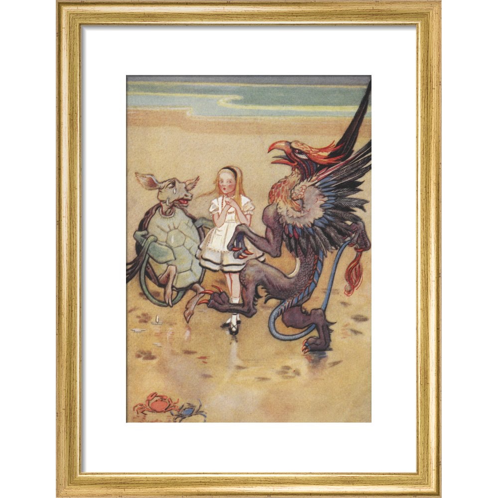 Alice dancing with the mock turtle and gryphon print in gold frame