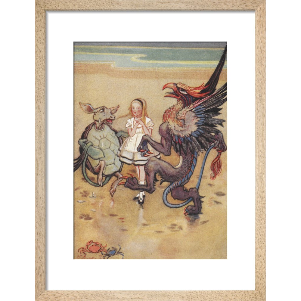 Alice dancing with the mock turtle and gryphon print in natural frame