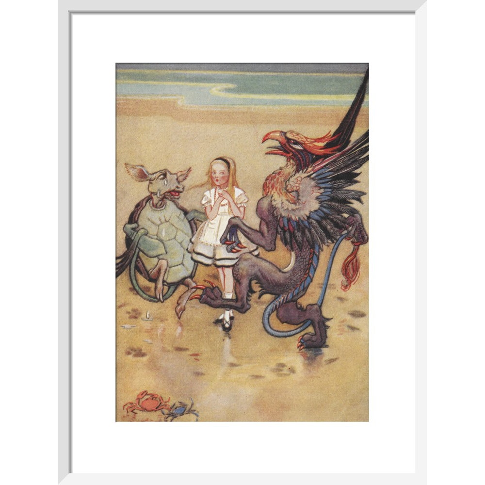 Alice dancing with the mock turtle and gryphon print in white frame