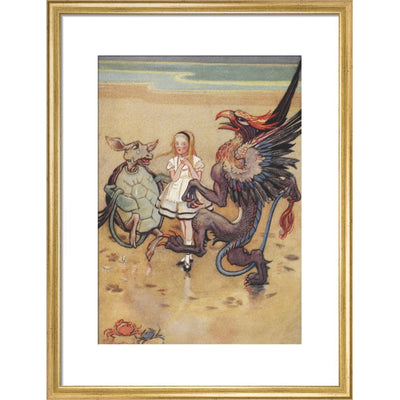 Alice dancing with the mock turtle and gryphon print in gold frame