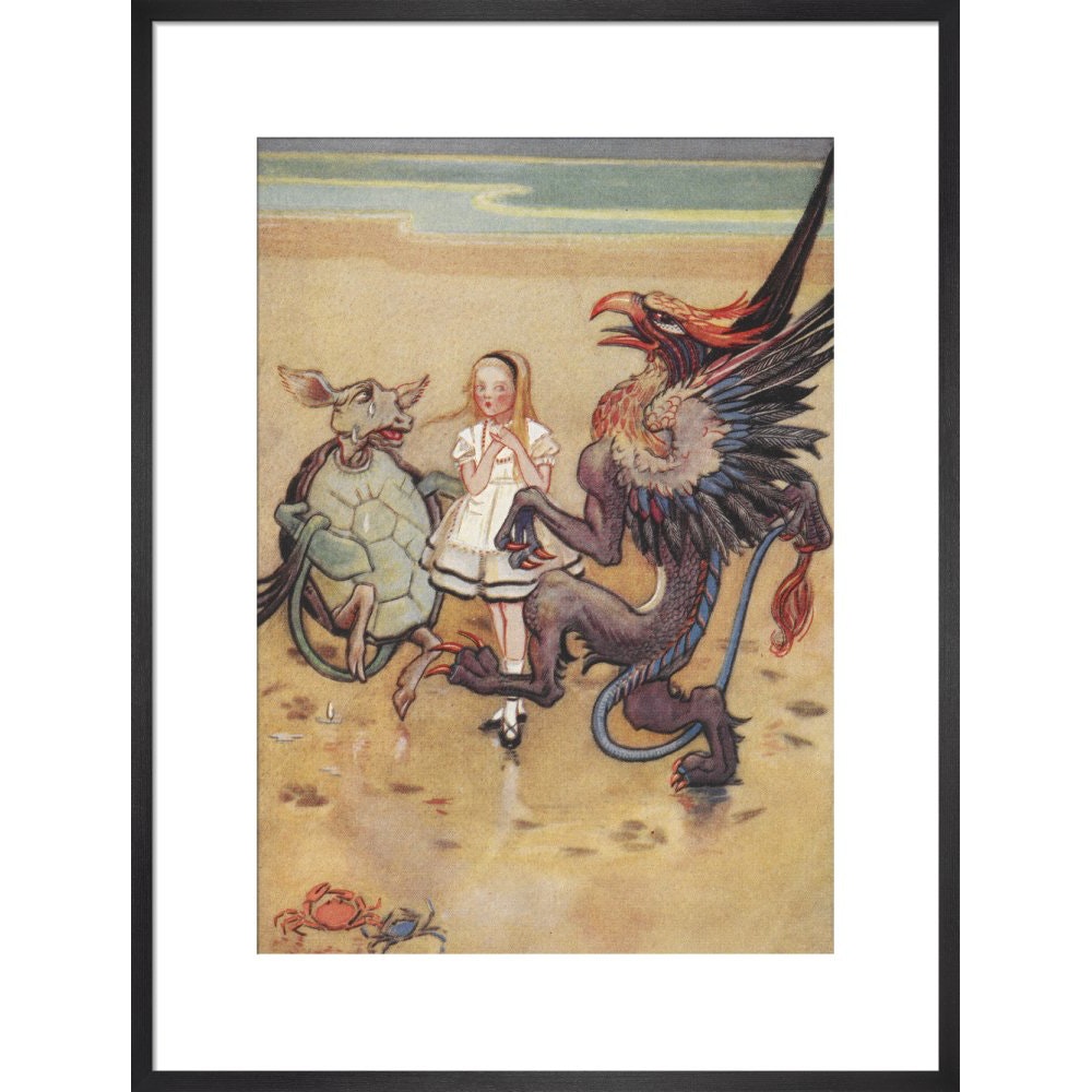 Alice dancing with the mock turtle and gryphon print in black frame