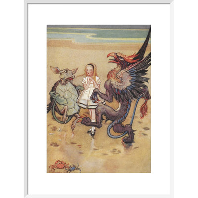 Alice dancing with the mock turtle and gryphon print in white frame