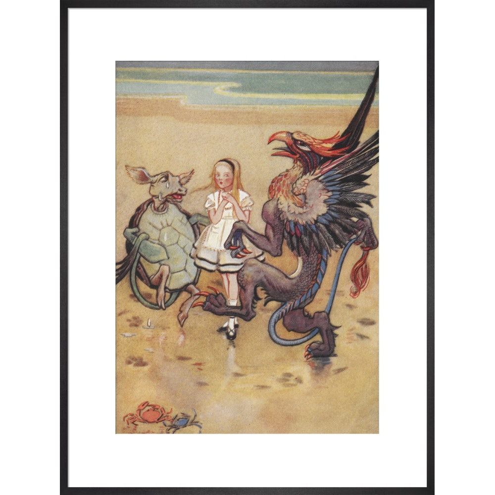 Alice dancing with the mock turtle and gryphon print in black frame