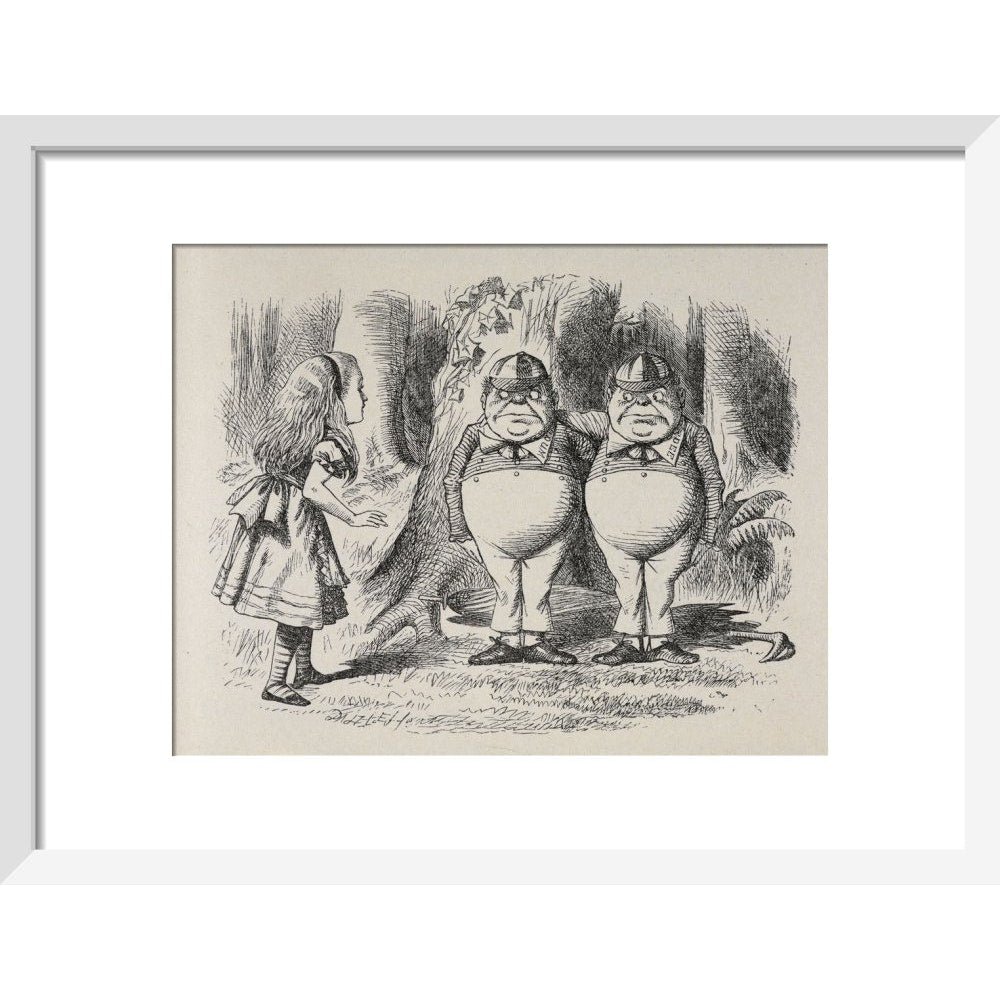 Alice meeting Tweedle Dee and Tweedle Dum for the first time print in white frame