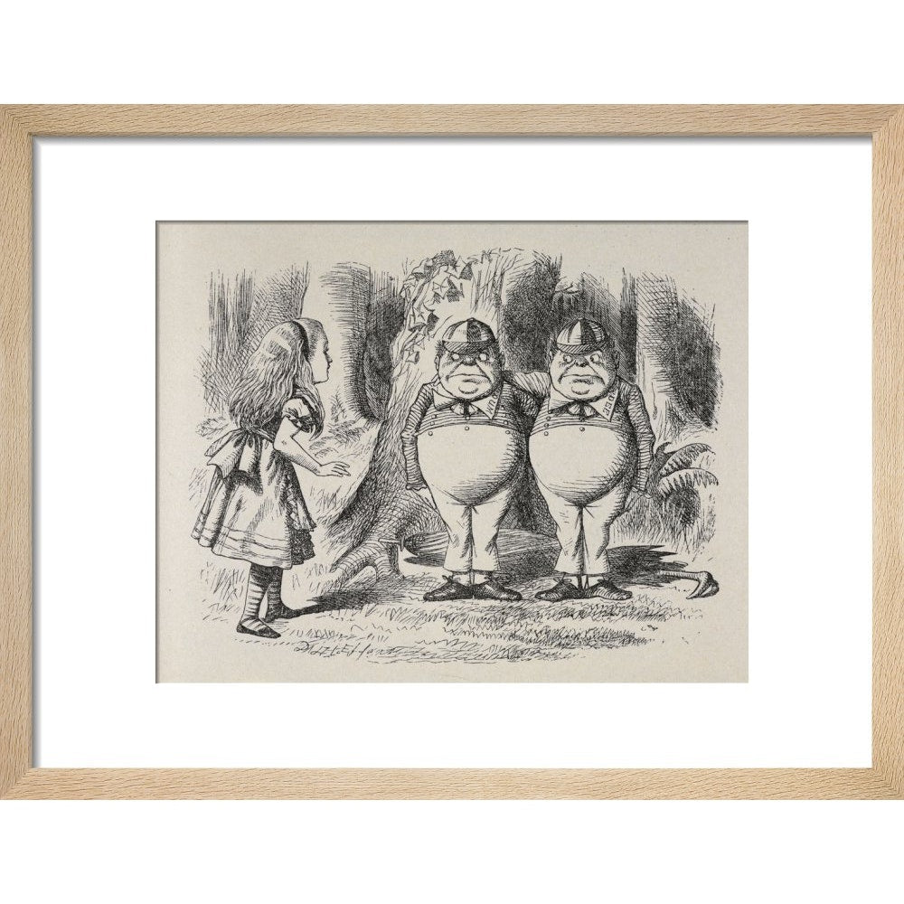 Alice meeting Tweedle Dee and Tweedle Dum for the first time print in natural frame