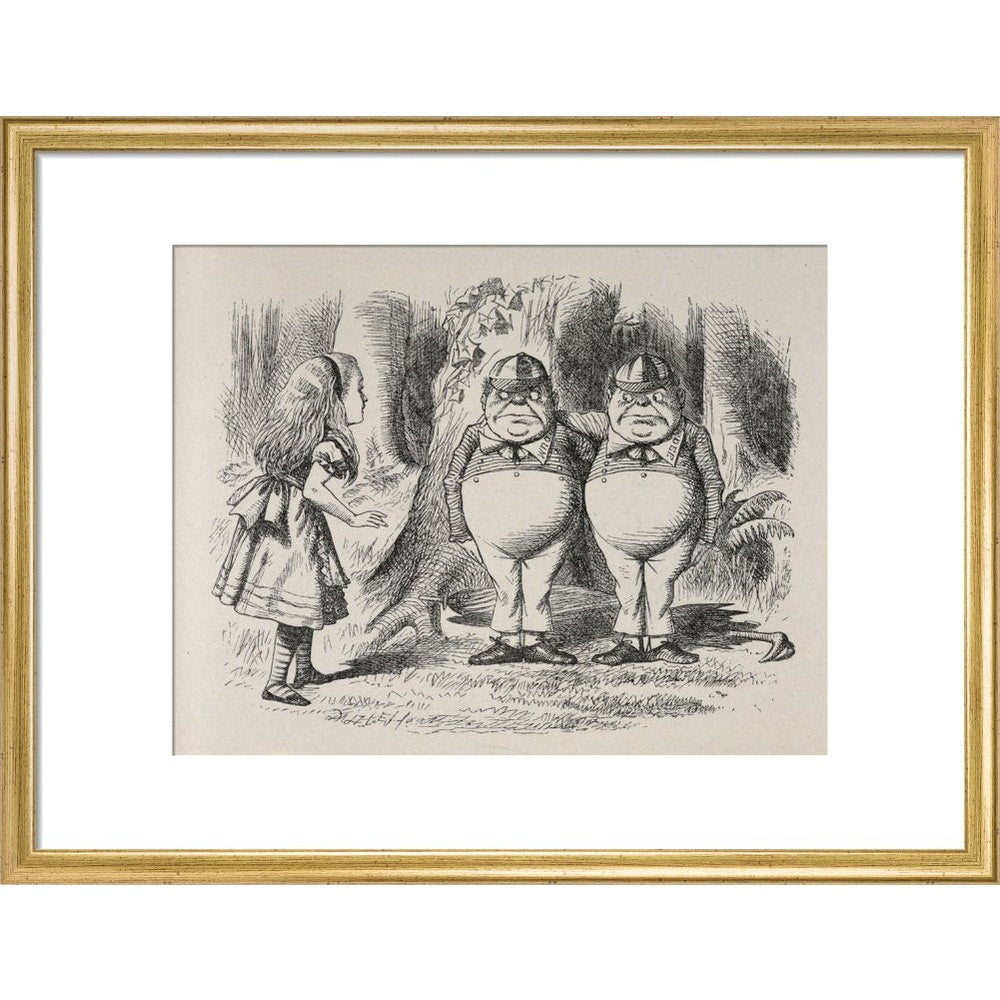 Alice meeting Tweedle Dee and Tweedle Dum for the first time print in gold frame