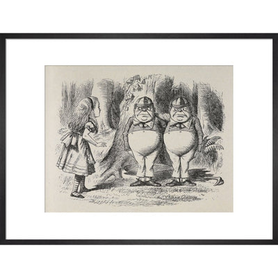 Alice meeting Tweedle Dee and Tweedle Dum for the first time print in black frame