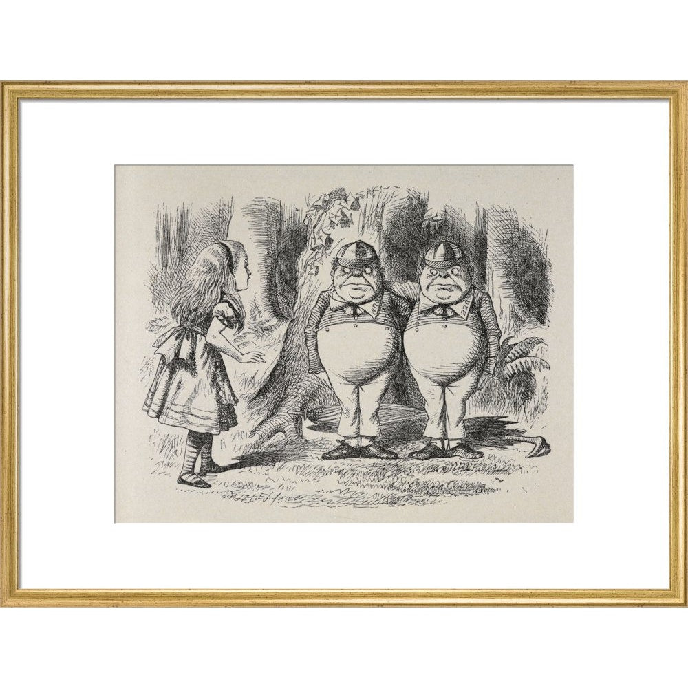 Alice meeting Tweedle Dee and Tweedle Dum for the first time print in gold frame