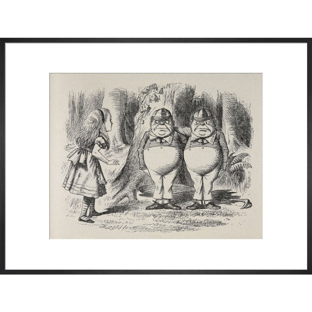 Alice meeting Tweedle Dee and Tweedle Dum for the first time print in black frame