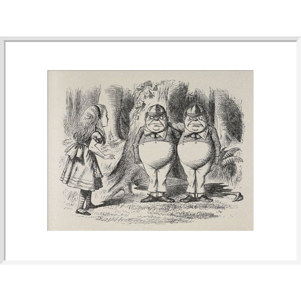 Alice meeting Tweedle Dee and Tweedle Dum for the first time print in white frame