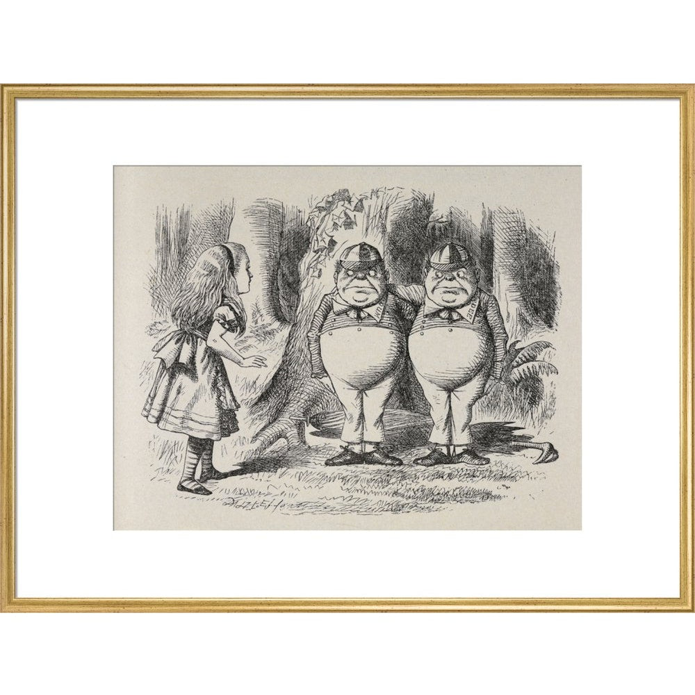 Alice meeting Tweedle Dee and Tweedle Dum for the first time print in gold frame