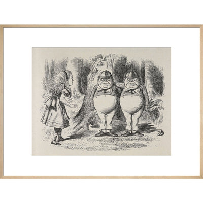 Alice meeting Tweedle Dee and Tweedle Dum for the first time print in natural frame