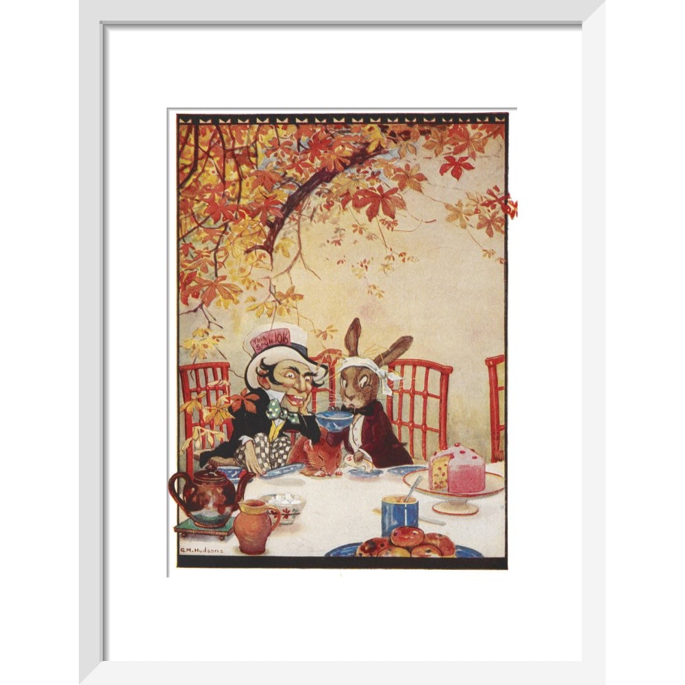 The Mad Hatter's Tea party print in white frame