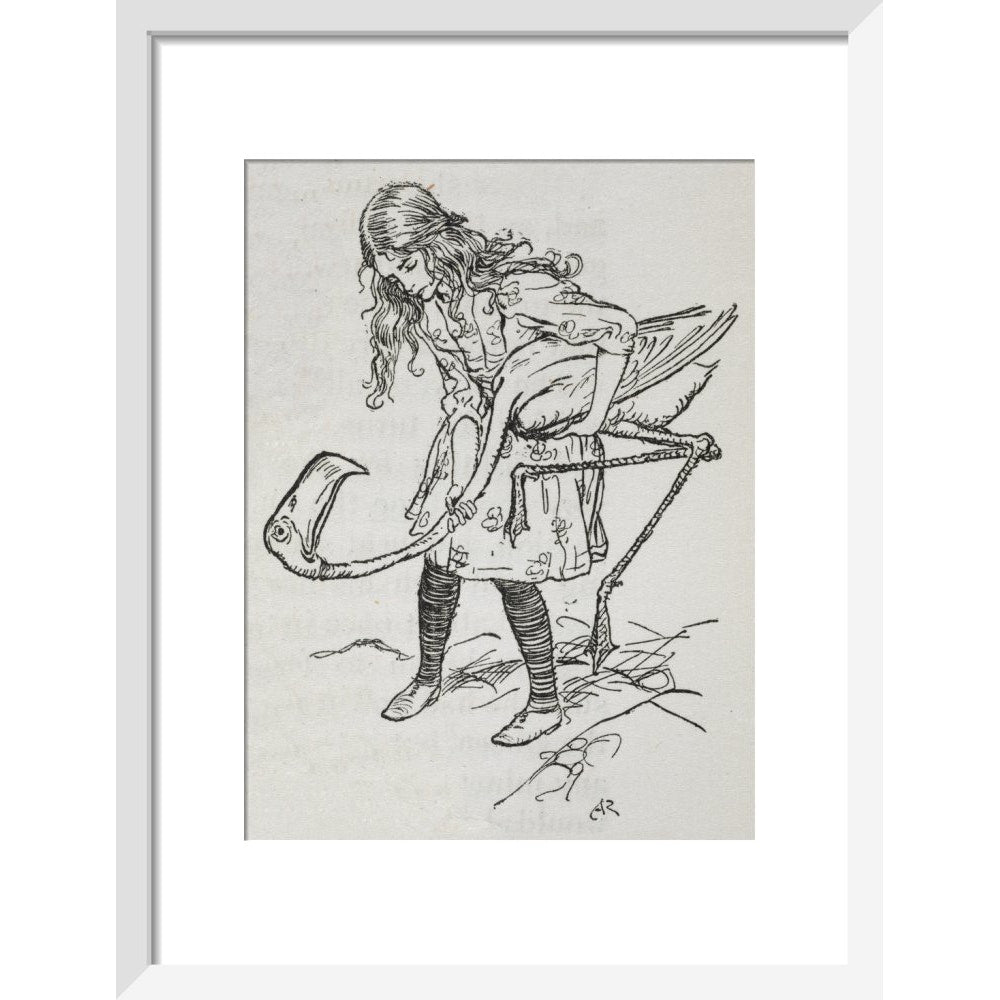 Alice playing croquet with a flamingo print in white frame