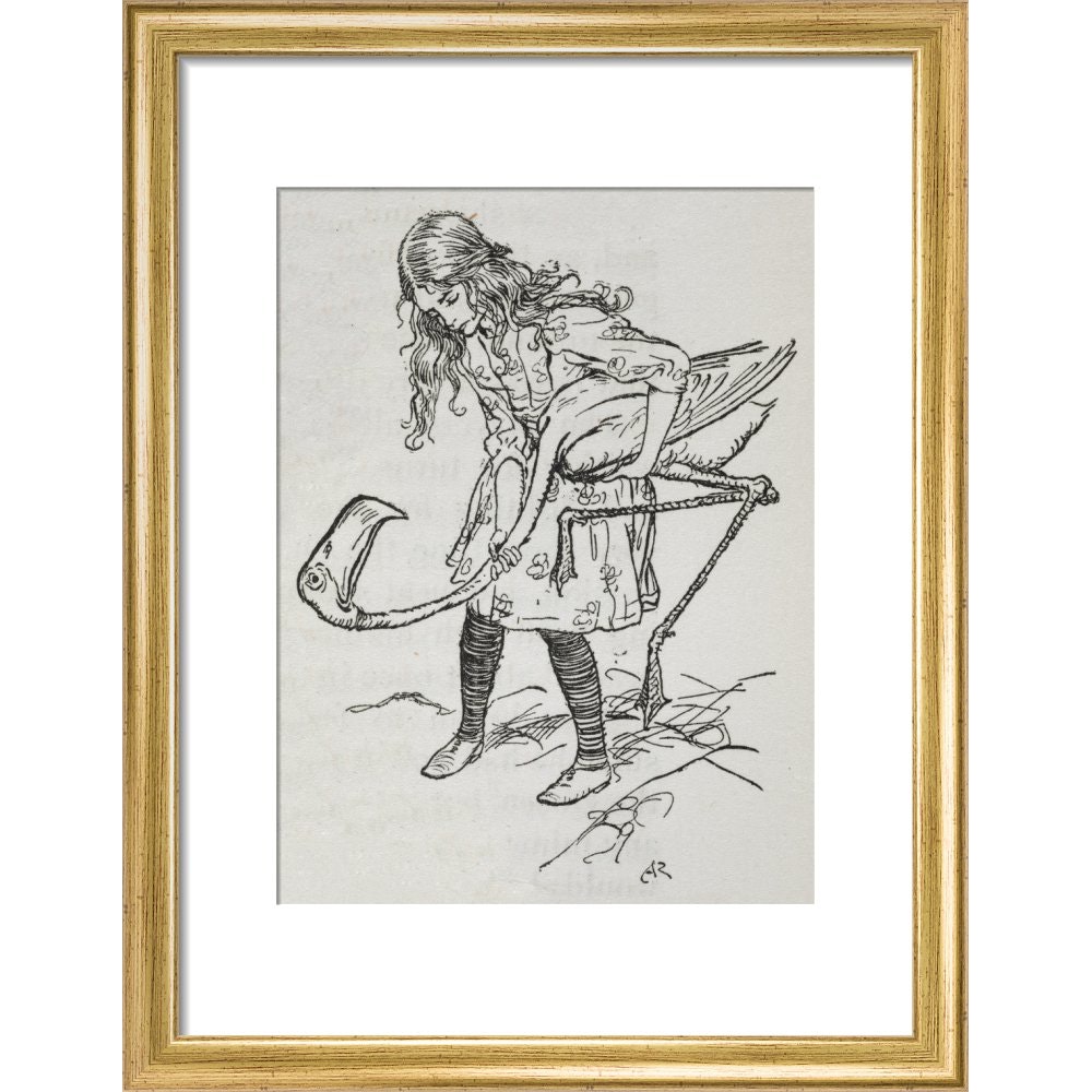 Alice playing croquet with a flamingo print in gold frame
