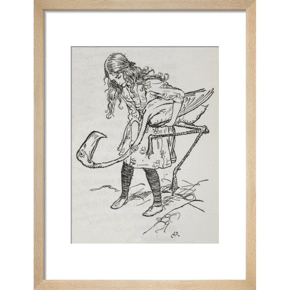 Alice playing croquet with a flamingo print in natural frame