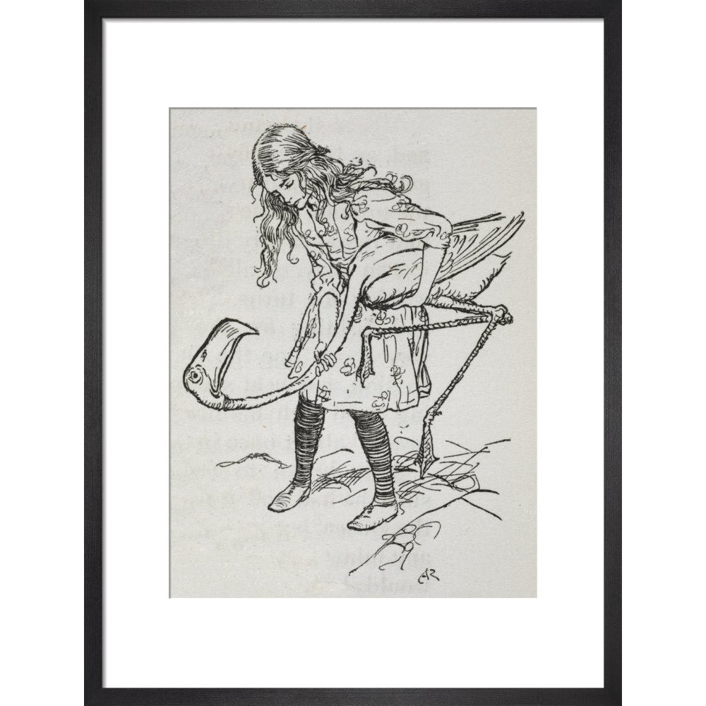 Alice playing croquet with a flamingo print in black frame