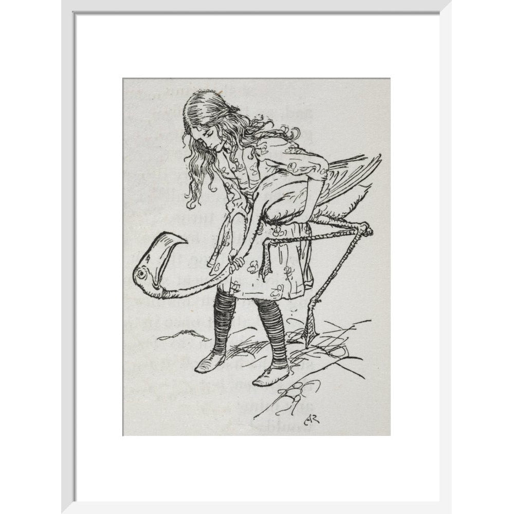 Alice playing croquet with a flamingo print in white frame