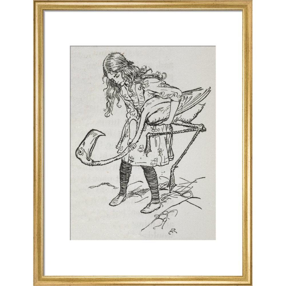 Alice playing croquet with a flamingo print in gold frame