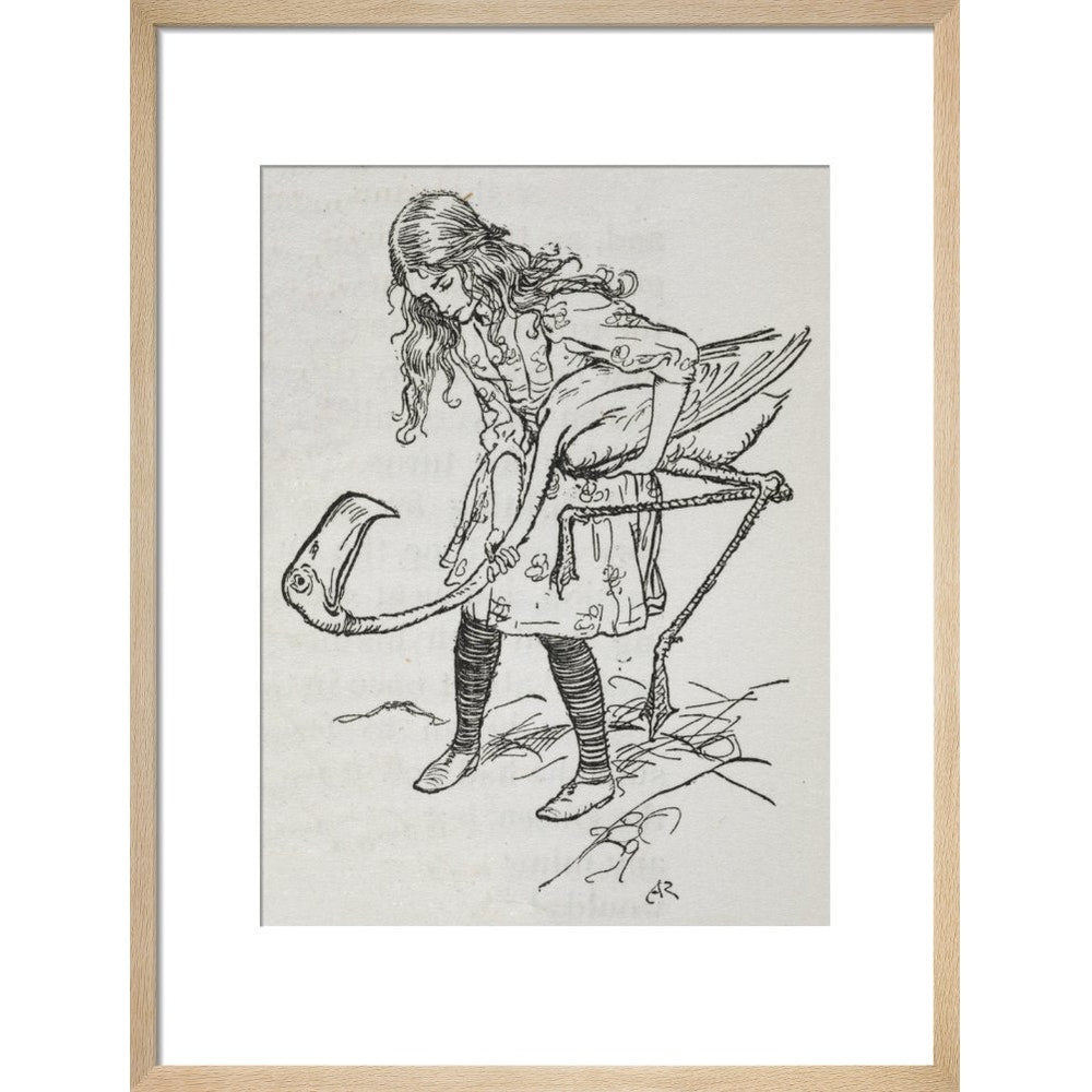 Alice playing croquet with a flamingo print in natural frame