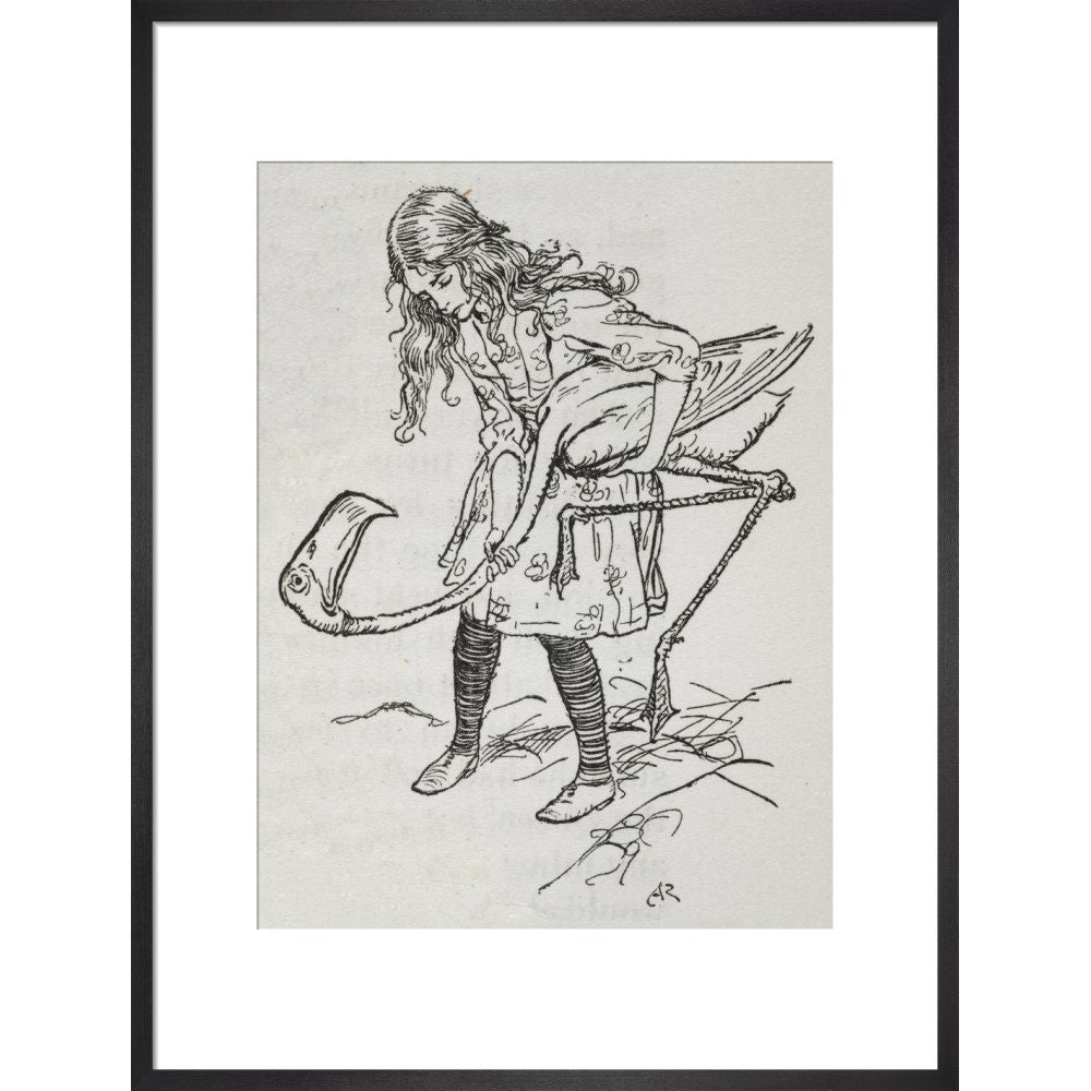 Alice playing croquet with a flamingo print in black frame