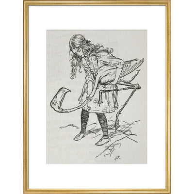 Alice playing croquet with a flamingo print in gold frame