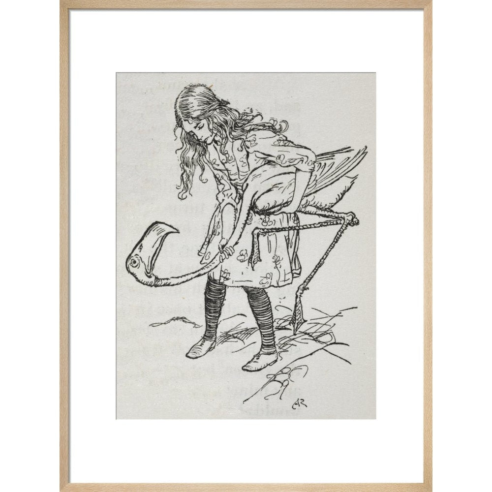 Alice playing croquet with a flamingo print in natural frame