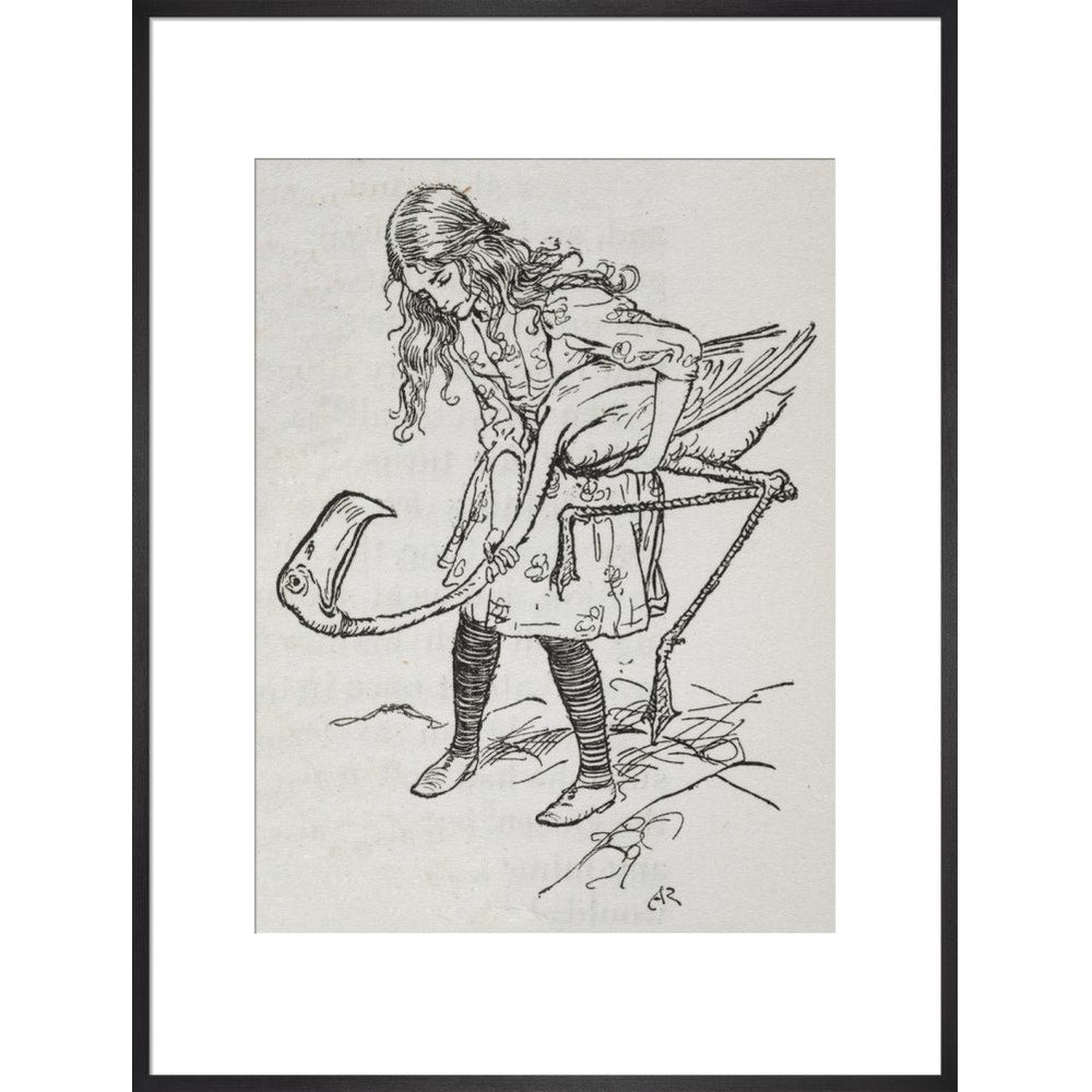 Alice playing croquet with a flamingo print in black frame