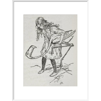 Alice playing croquet with a flamingo print in white frame